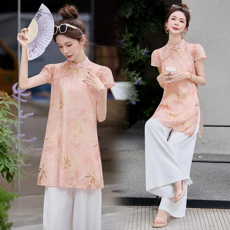 新中式国风印花套装女2025年夏季新款温柔风改良旗袍阔腿裤两件套