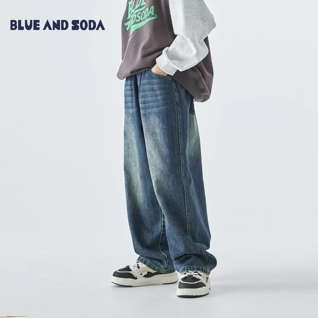蓝汽水2025年秋季新款亲子装中大男童假口袋牛仔裤复古直筒阔腿裤