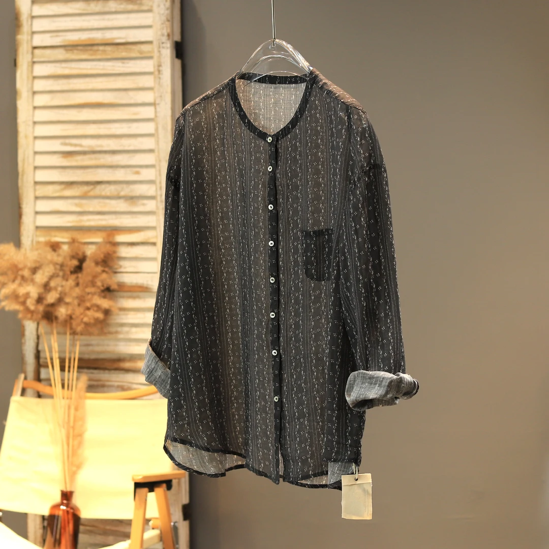 2025秋款上新薄透个性印花舒适苎麻衬衣复古文艺麻味衬衫前短后长