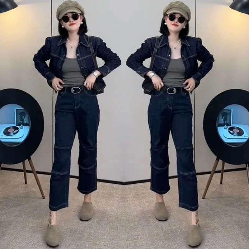 2025年秋季复古风新款时尚百搭显瘦气质英伦风牛仔外套裤子套装女