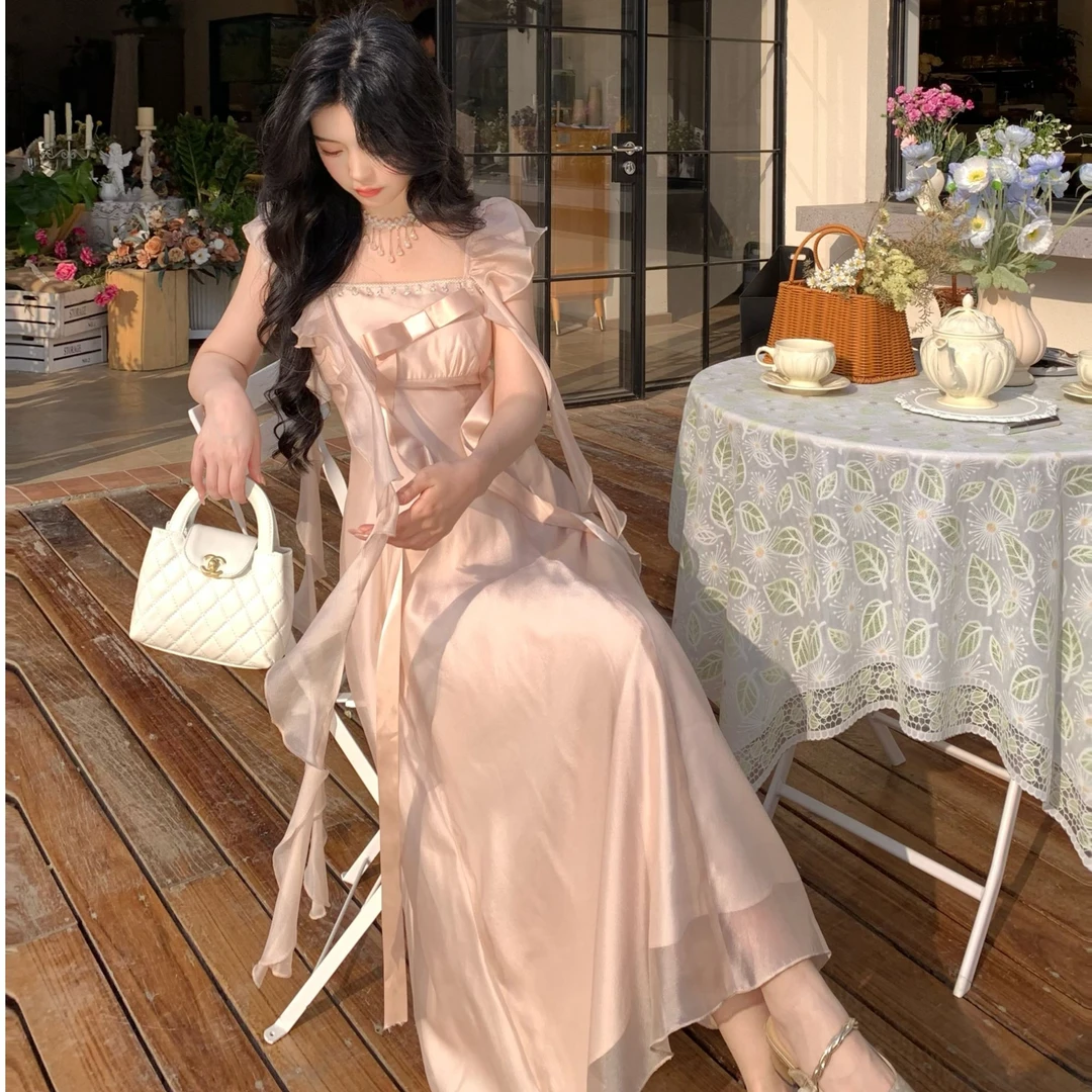 Blovelan缎光折翼 法式甜美减龄小飞袖连衣裙 甜美风显白收腰长裙