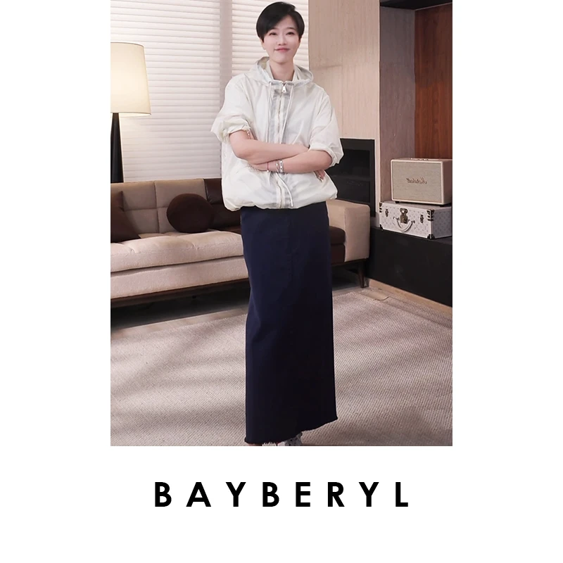 BAYBERYL老贝靛蓝牛仔裙磨边直筒开叉百搭春半身裙YQ4K1405