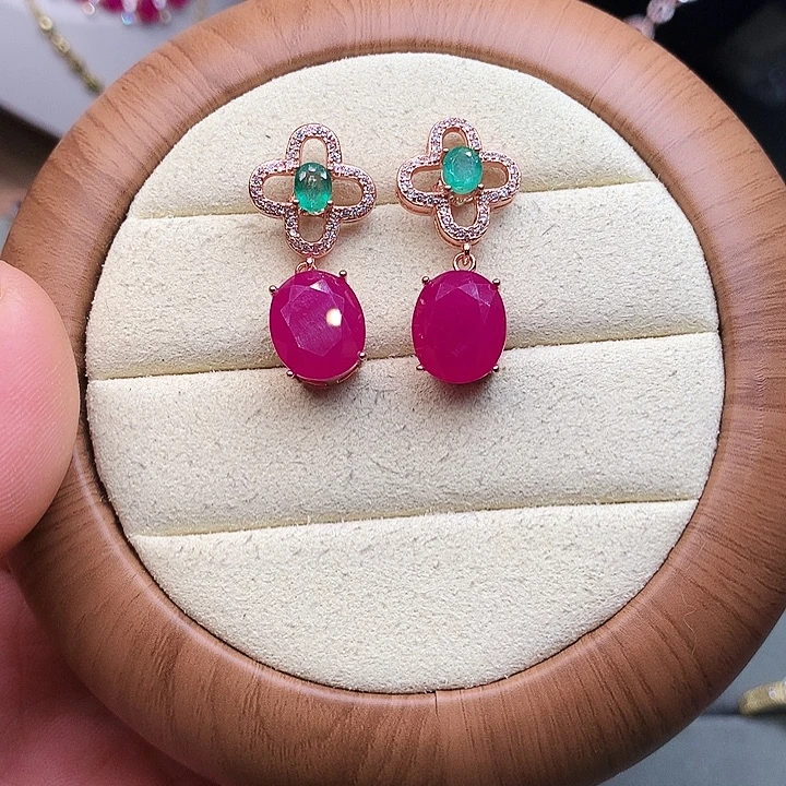 红宝石耳饰银S925镶嵌