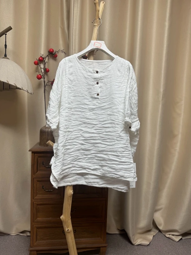 1788圆领中长款亚麻袍子宽松舒适适合夏季穿着衣长69胸围144