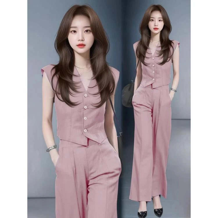 时尚套装女2025夏季新款时髦洋气宽松显瘦无袖马甲阔腿裤两件套潮