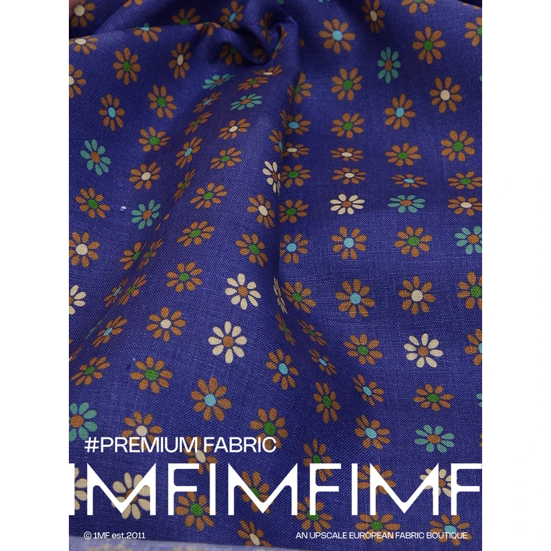 Z家新款新花 高支高密亚麻蓝底小雏菊印花服装布料 幅宽135CM