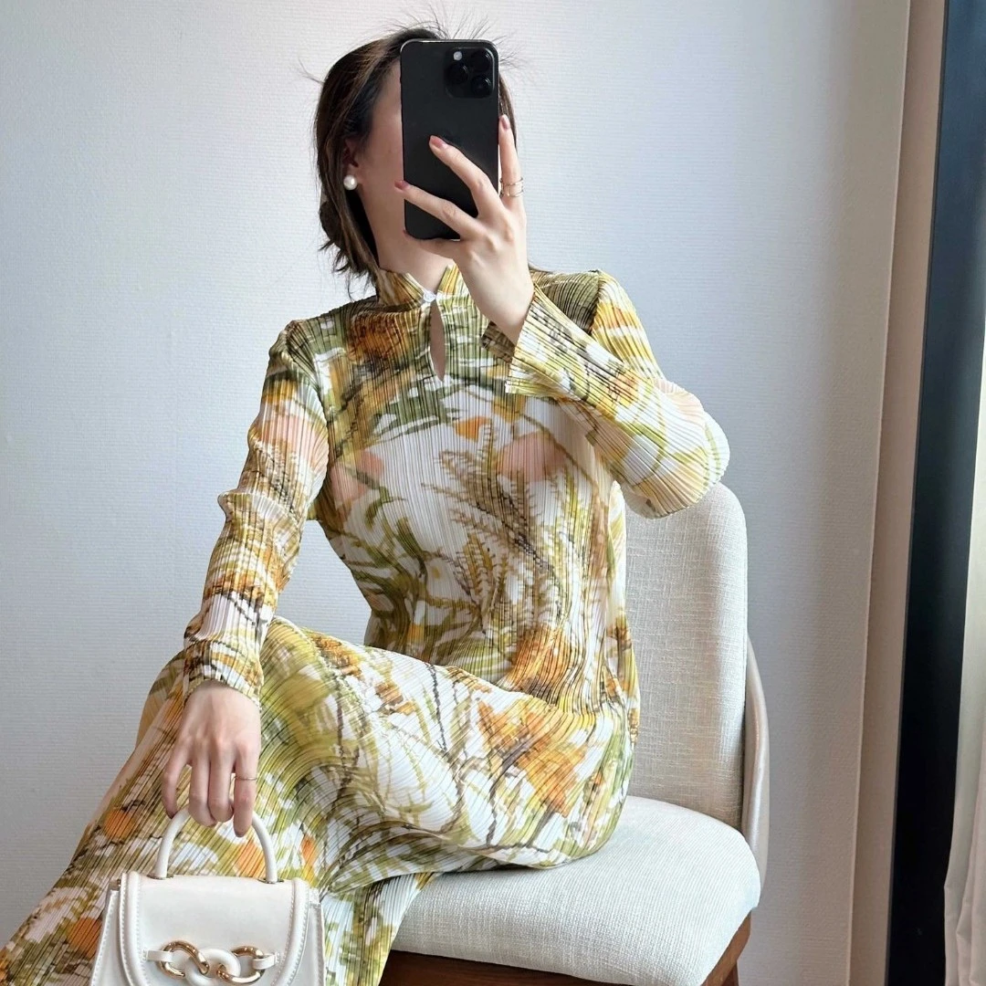 蒲黎诗国风女秋冬中式气质连衣裙立领设计褶皱印花长裙优雅打底裙