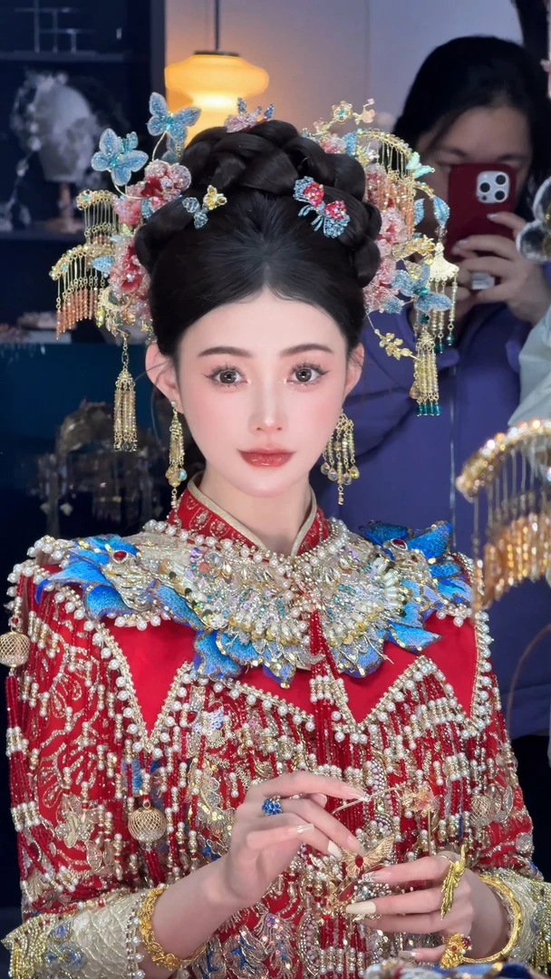 新娘头饰古风步摇婚礼红色秀禾婚饰奢华新娘0140