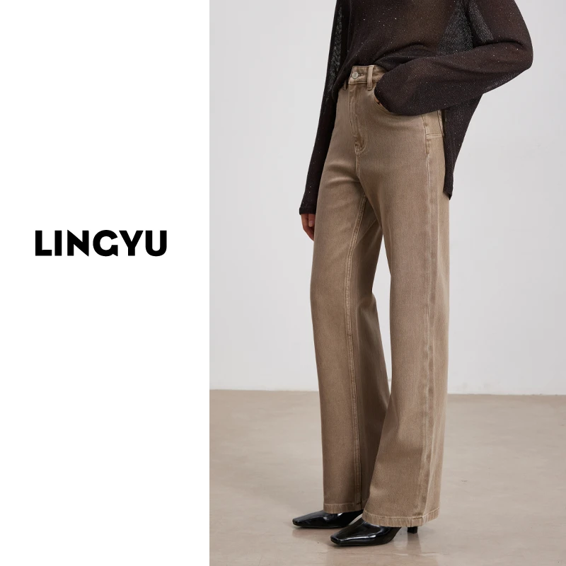 格雷系直筒牛仔裤女2025年秋季高腰显瘦宽松窄版阔腿弹力时尚百搭