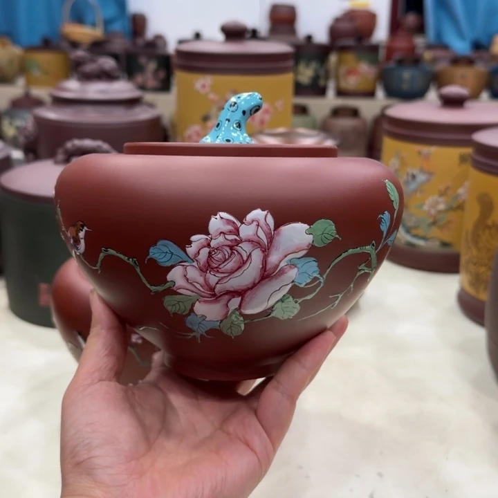 茶叶罐紫砂全手工珐琅彩苹果大红袍罐