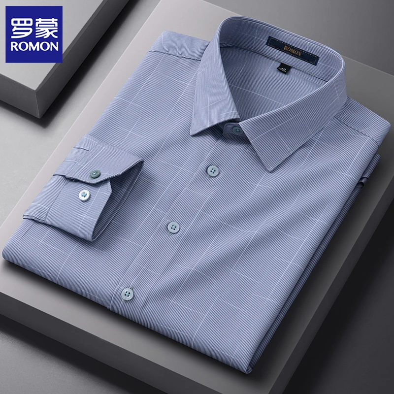 罗蒙春秋高档新款男士长袖衬衫免烫格子休闲百搭中青年爸爸装抗皱