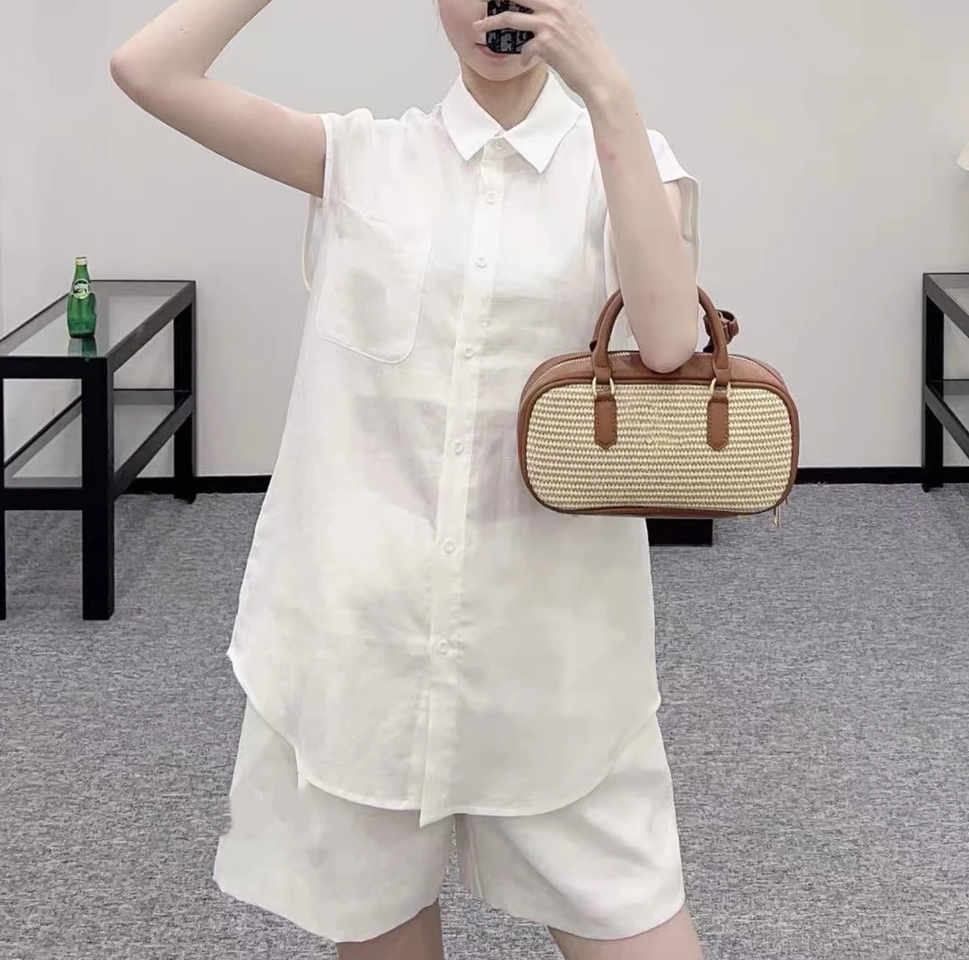 020 慵懒风简约老钱风宽松无袖衬衫短裤薄款两件套-衣长57 裤长37