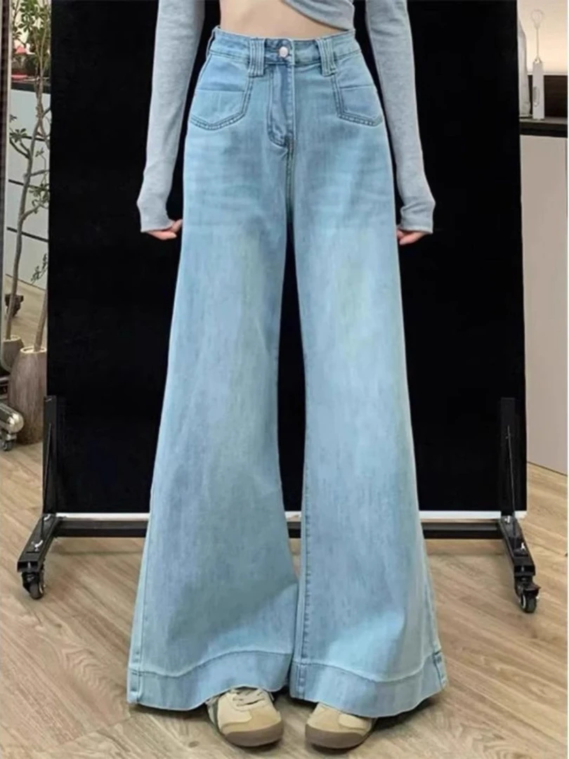 胖mm大码高腰阔腿美式风显瘦梨形身材宽松牛仔阔腿裤