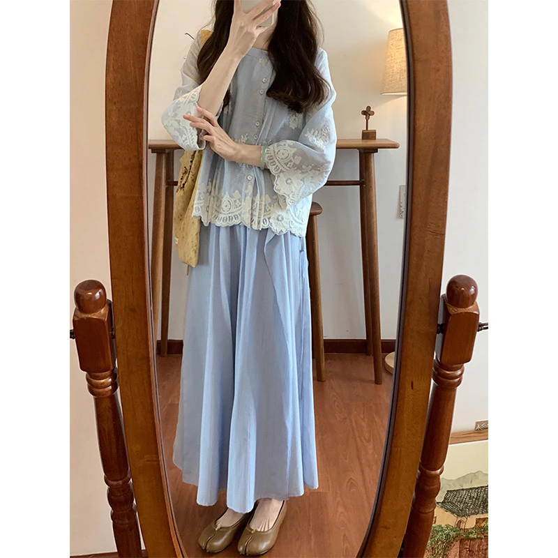 新中式女装国风禅意风轻奢高级感穿搭一整套蓝色女装禅意仙气飘飘