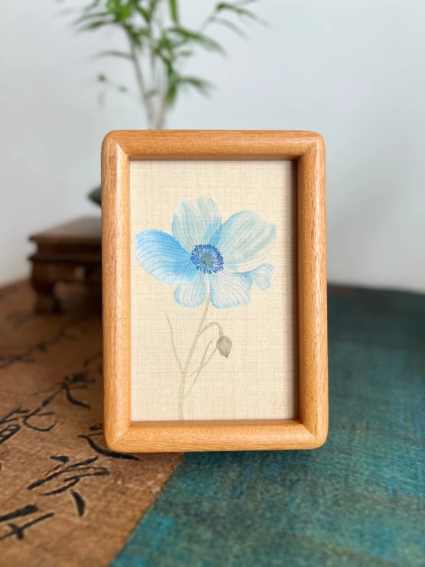【直拍】国风没骨花卉柚木榫卯画框小摆台装饰画17cm×12cm