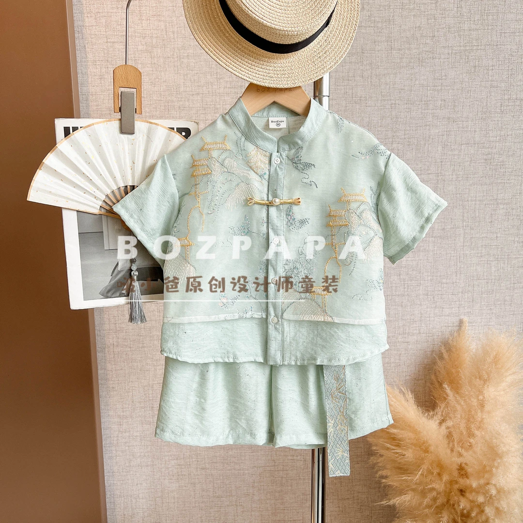 现货设计师【空翠拂衣】2025夏季男童新中式纱感刺绣衬衫七分裤套装