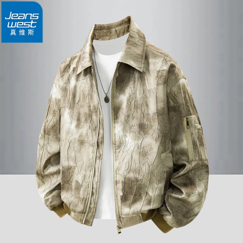 Jeanswest/真维斯大码夹克外套男春秋季美式宽松翻领百搭潮牌上衣