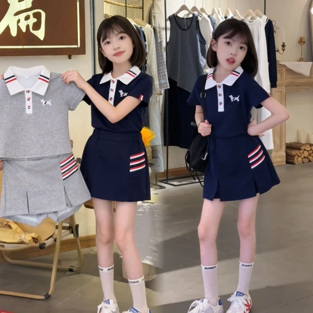 女童学院风套装夏季2025新款运动气质小女孩POLO衫短袖短