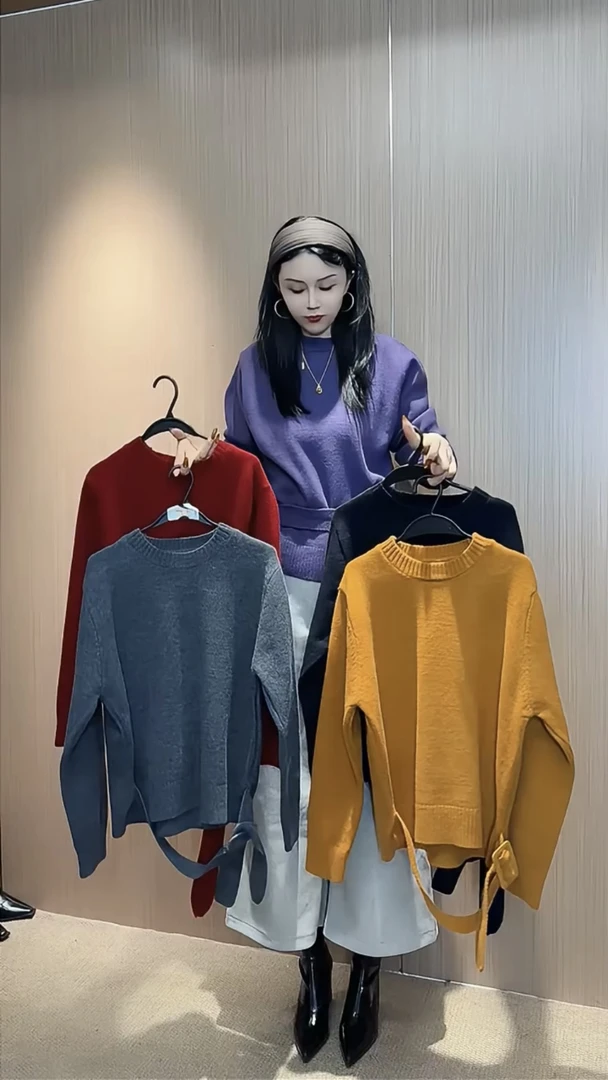 2025冬新款韩版宽松显瘦长袖针织衫女腰带收腰套头减龄毛衣