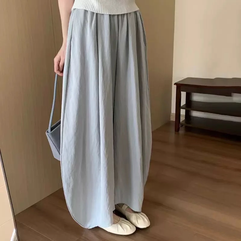 休闲豆荚裤~女士夏季薄款垂感阔腿裤高腰百搭宽松显瘦松紧腰纯色