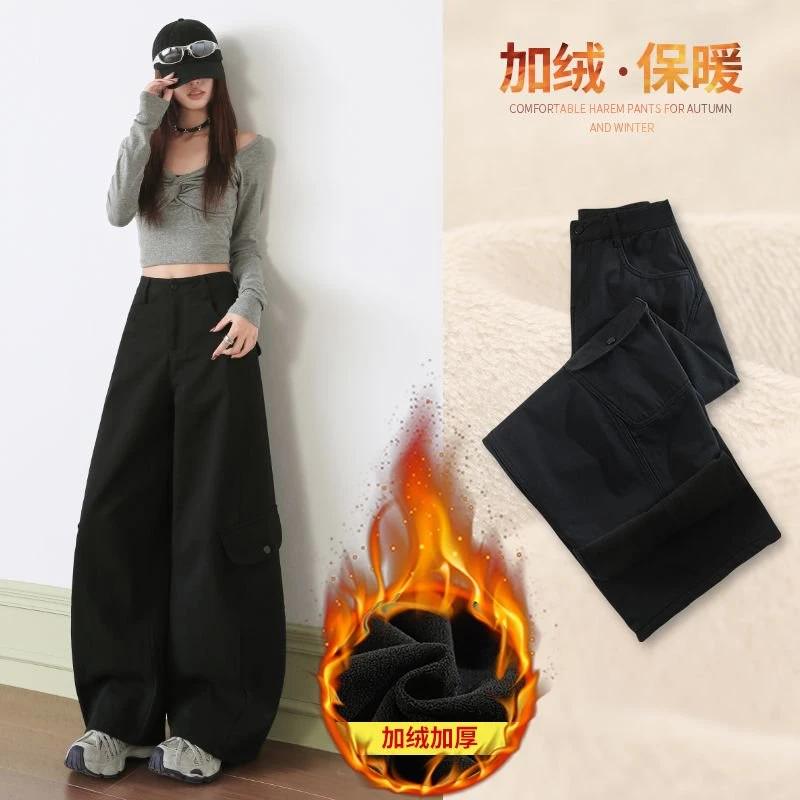 偶句设计感美式复古辣妹加绒加厚弯刀裤百搭显瘦多口袋阔腿工装裤