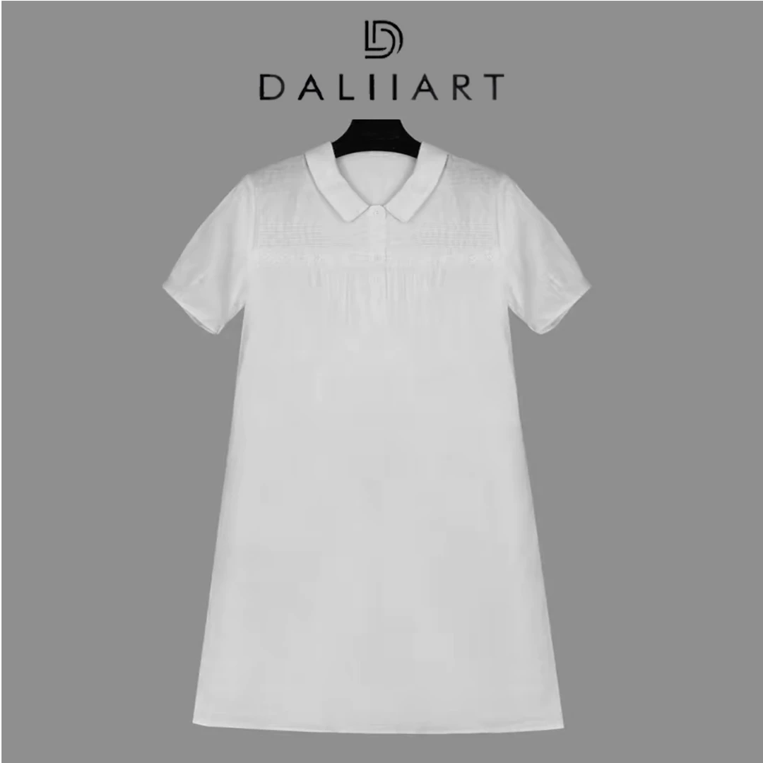 大丽高定 浪漫小白裙 100亚麻7万针雕空绣花夏短袖裙子DLQZ0344