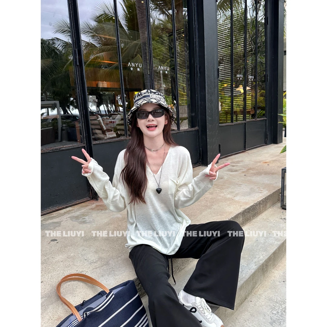 【LIUYI】冰美式~夏季轻薄长袖V领T恤52121