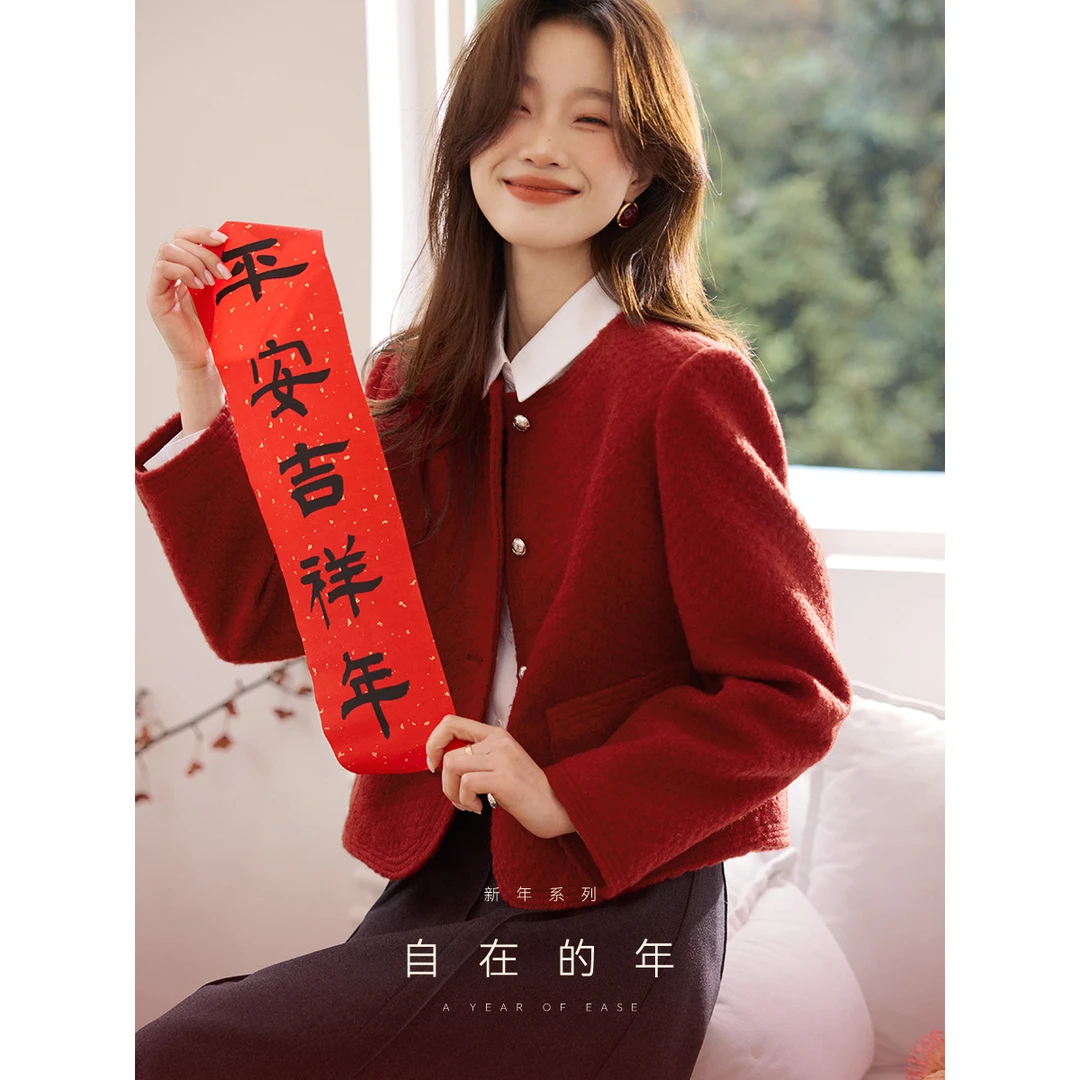 沫晗依美红色小香风毛呢短大衣2025秋季新款节日氛围感女外套5038