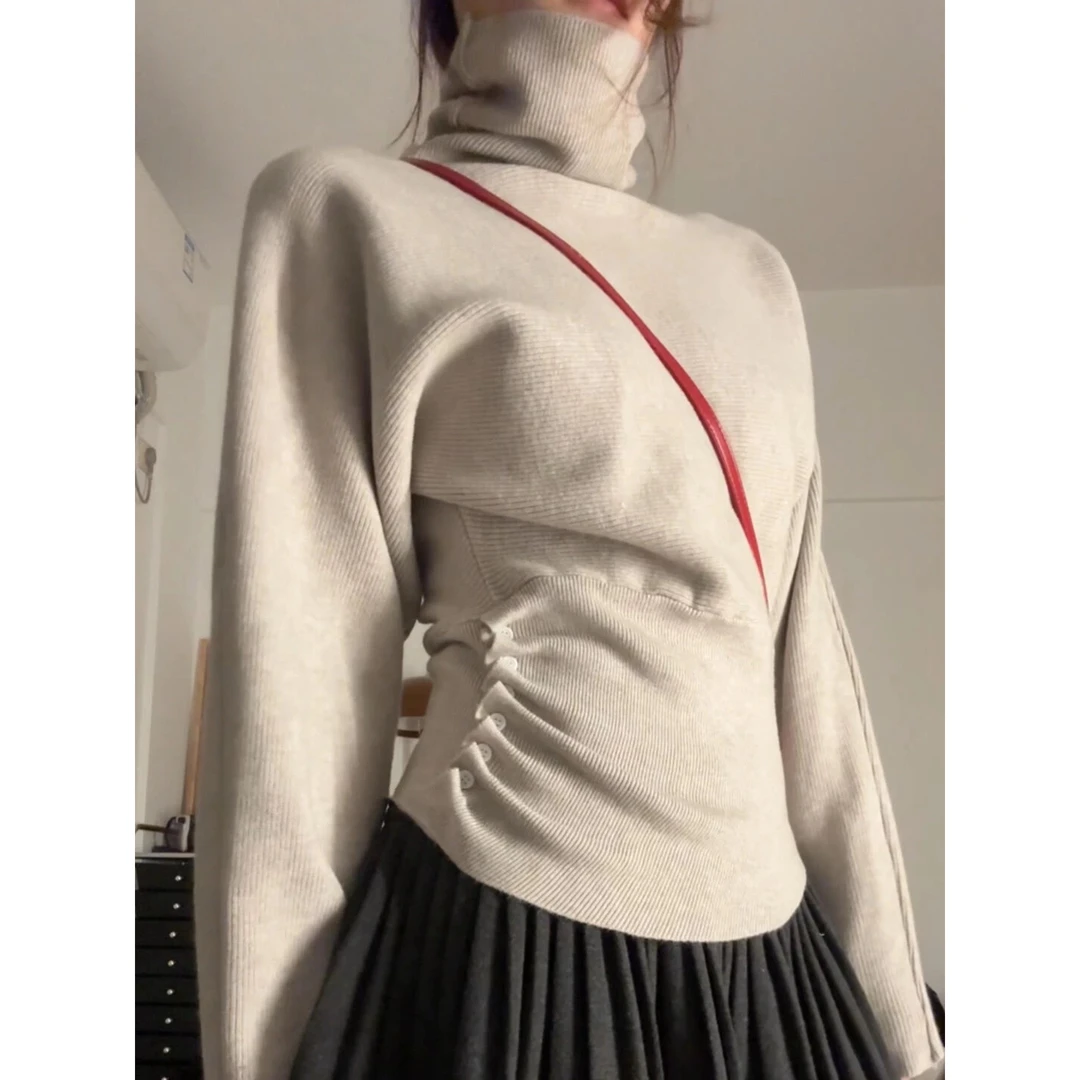 港风chic气质高领内搭毛衣女秋冬洋气加厚打底针织衫独特收腰上衣