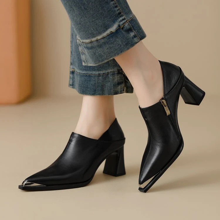 全真皮~7cm羊皮春秋新款金属尖头气质百搭软面女士高跟深口单鞋女