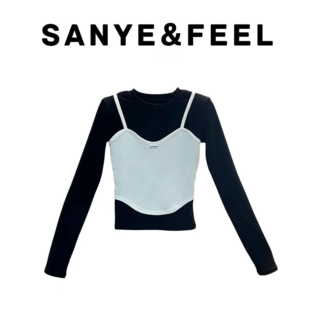 大妍的福利【假两件设计】秋冬新款假两件吊带长袖打底上衣63031YX