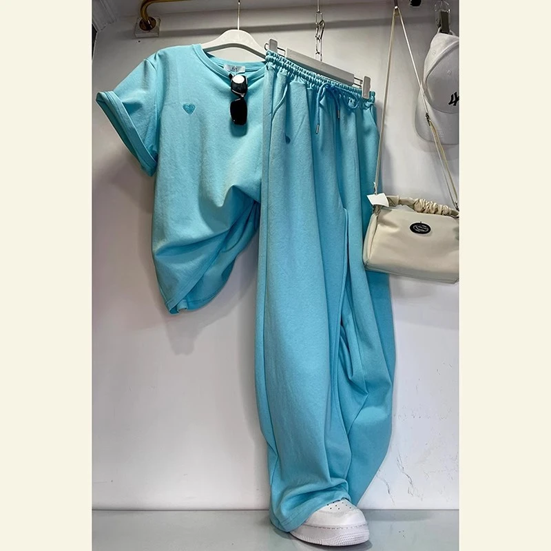 欧货夏季出游穿搭蓝色短袖运动套装女休闲时尚洋气宽松高档阔腿裤