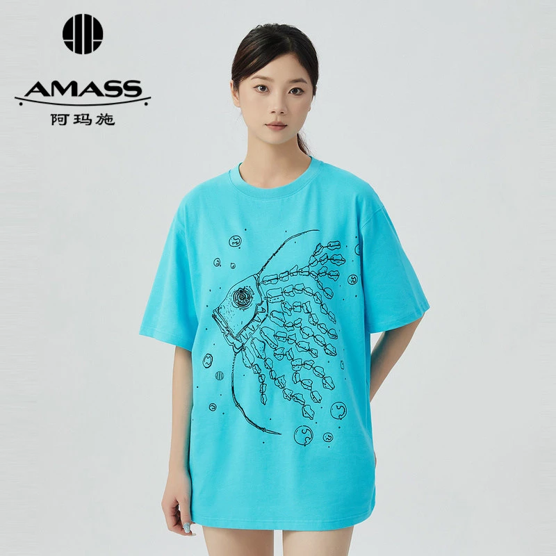 阿玛施春夏蓝色短袖t恤“海洋之声”圆领彩色廓形宽松阿玛施女士t恤