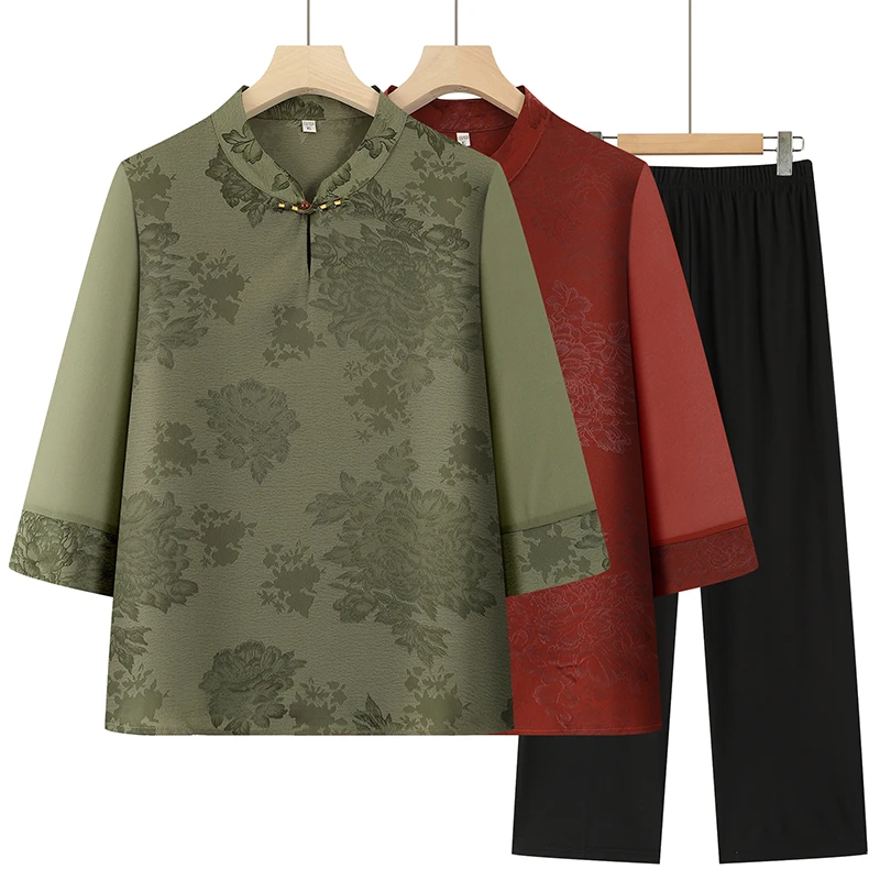 妈妈夏季七分袖雪纺上衣2025新款洋气中老年女夏装套装母亲节衣服