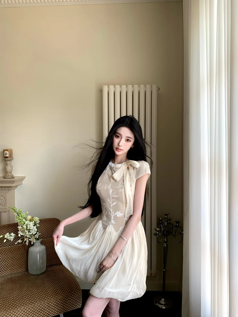 Babr Chill 植绒短袖初恋夏季长裙连衣裙拼接法式少女纯欲连衣裙