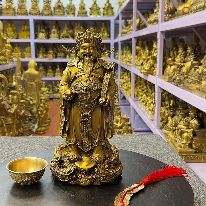 黄铜60厘米站财神12厘米聚盆1串五帝钱