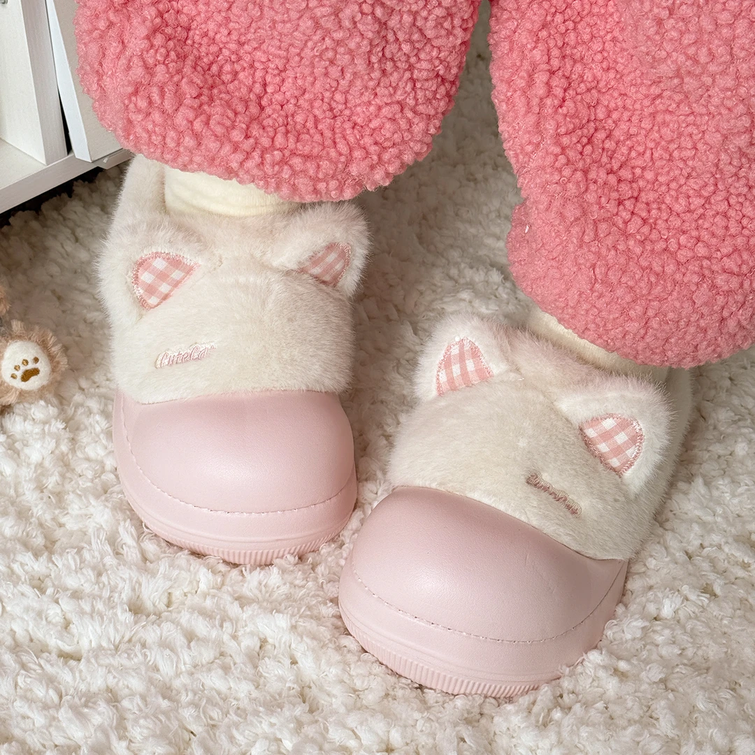 可爱猫咪棉拖鞋女圆头防碰冬季室内外穿厚底防滑加厚毛绒毛毛拖鞋