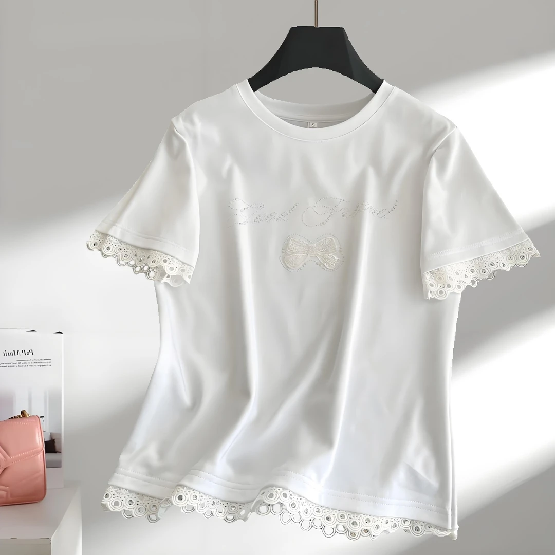 欧美风圆领短袖T恤女夏蕾丝花边拼接烫钻设计小个子甜美氛围上衣