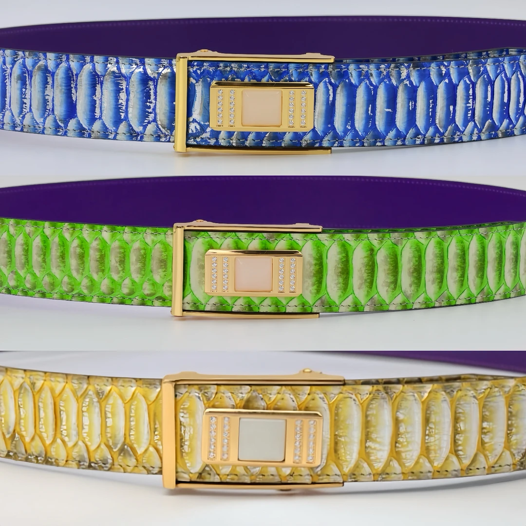 进口真蟒蛇皮腰带3.8宽自动扣打眼高奢款时尚高档轻奢潮流皮带