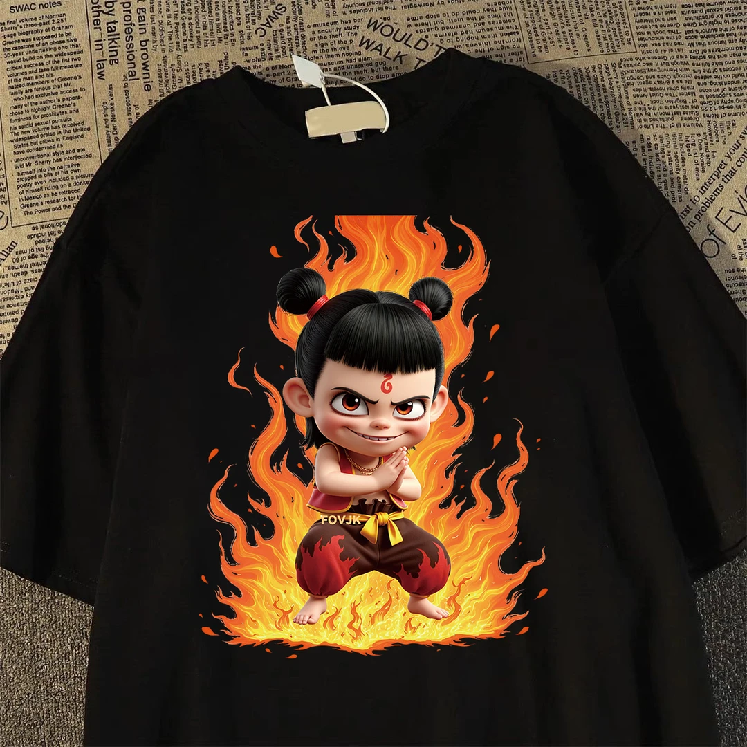 100%纯棉重磅卡通哪吒印花短袖T恤2025夏季宽松情侣上衣潮牌in