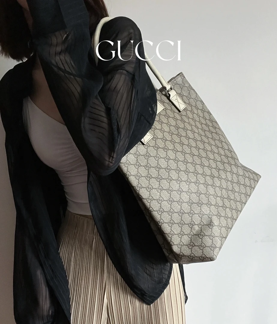 95新 GUCCI/古驰 古驰白拼老花小托特购物袋复古