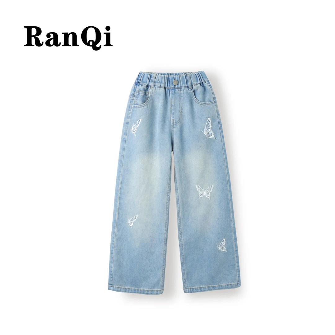 女童牛仔裤夏款2025夏季新款裤面蝴蝶刺绣款中大童百搭直筒裤A044