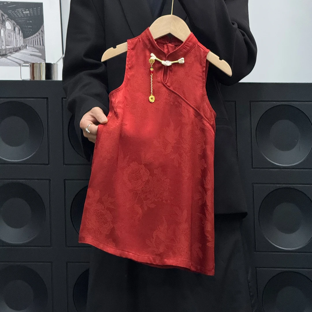 现货）壹妈夏季薄款女童新中式复古红色国风改良旗袍裙宝宝背心裙