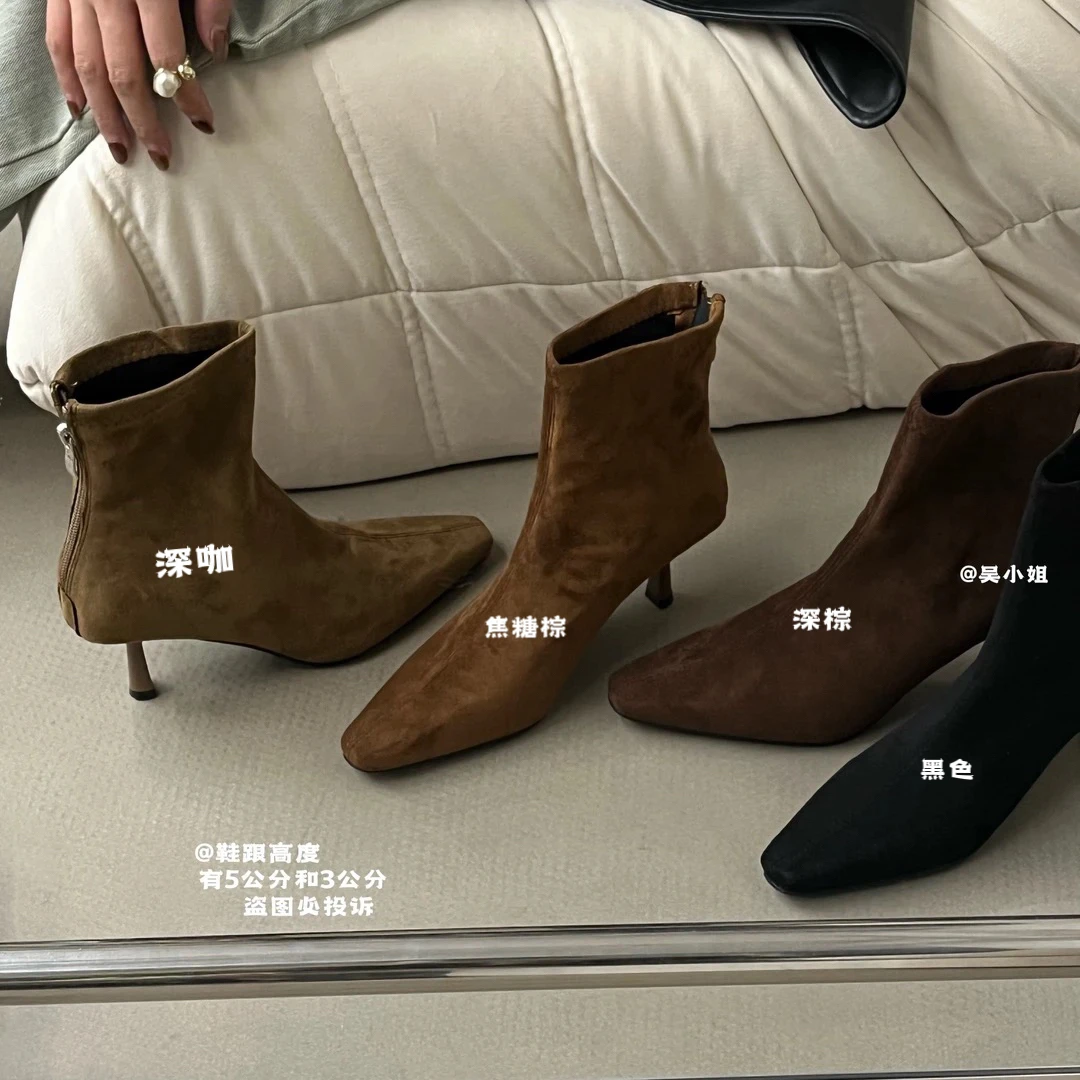 2025秋冬新款方头绒面时装靴法式气质百搭通勤瘦瘦靴舒适显瘦短靴