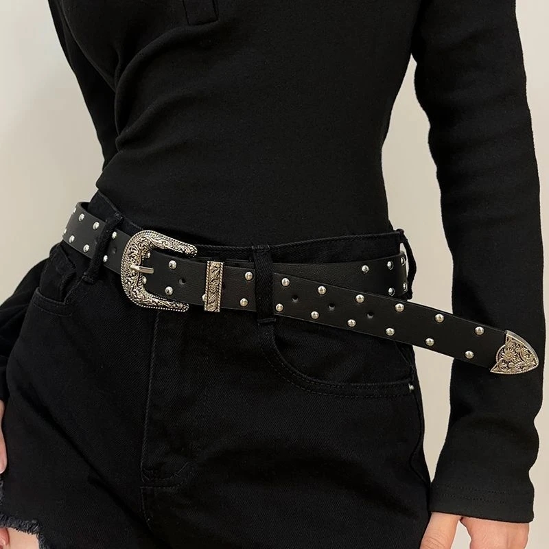 皮带辣妹女款铆钉金属扣炫酷千禧风美式复古重工朋克腰带y2k黑色