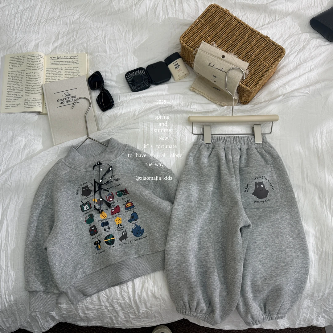 小马家2025冬款儿童加绒一体绒套装D-6717纯色男女同款两件套装