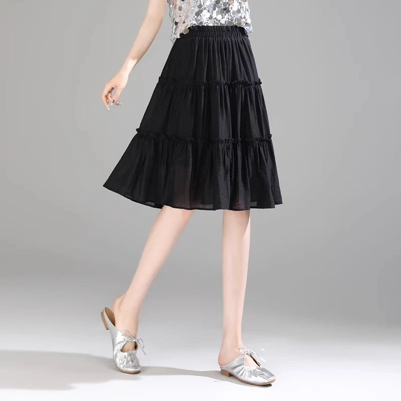 拉夏贝尔松紧腰小个子木耳边花边半身裙女夏2025显瘦中长裙A字裙