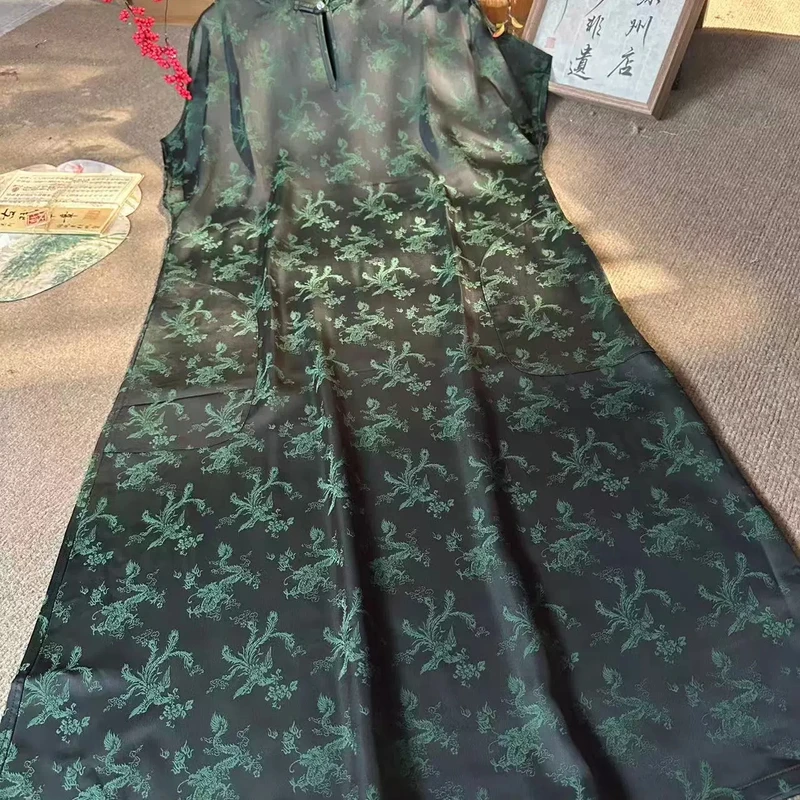 夏季新款新中式国风立领盘扣景星凤凰短袖套头连衣裙