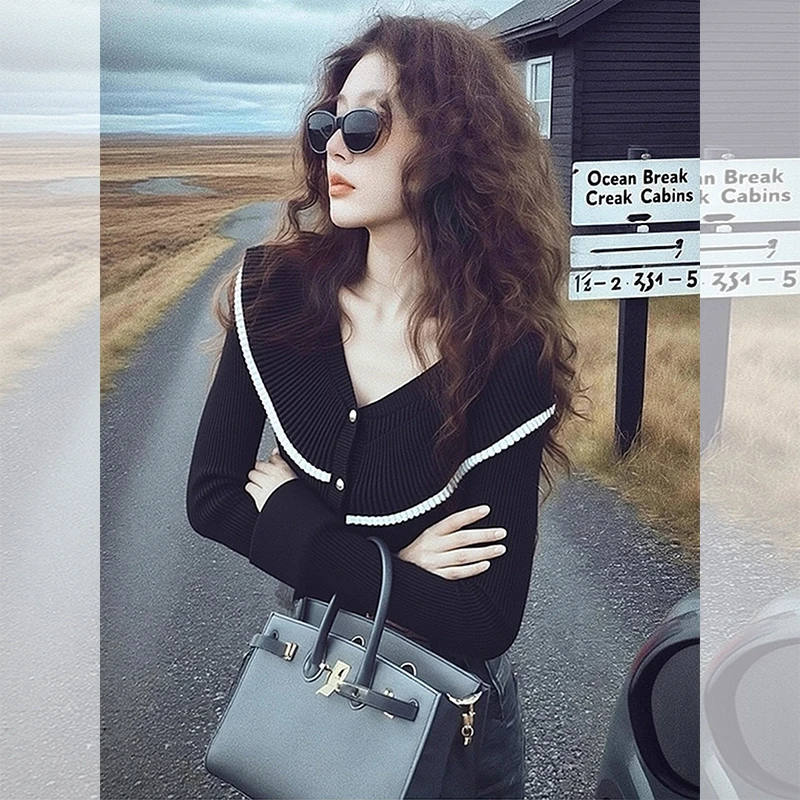 黑色v领高级感荷叶边长袖针织衫女2025秋季新款洋气百搭显瘦上衣