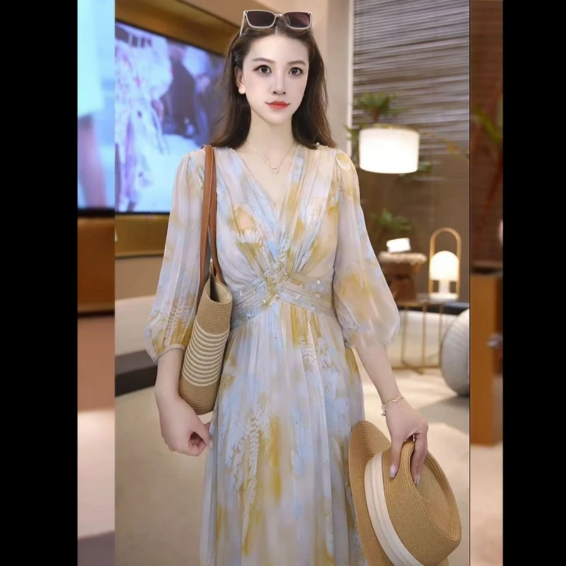 桑蚕丝夏季新款气质扎染印花连衣裙V领时尚收腰显瘦轻奢长裙A532